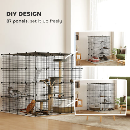 4 Tier DIY Cat Cage Indoor, Catio for 1-3 Cats with Hammock, 5 Doors, 3 Ramps, 3 Jumping Platforms, for 1-3 Cats, Black