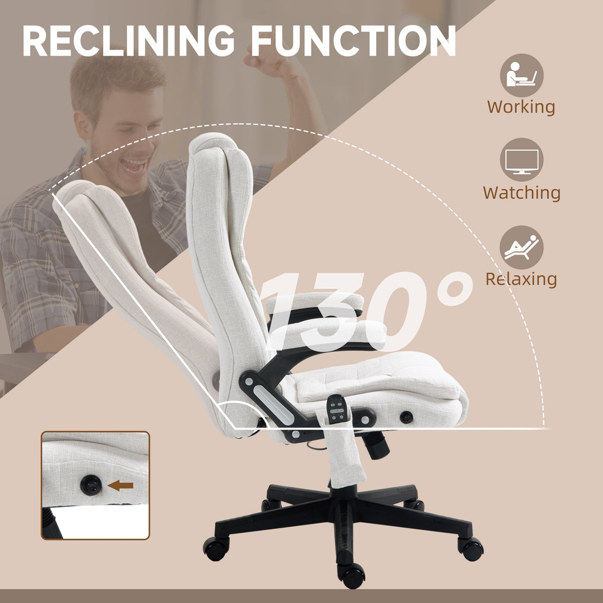 Reclining Massage Office Chair, Executive Office Chair with High Back, Swivel Wheels, White