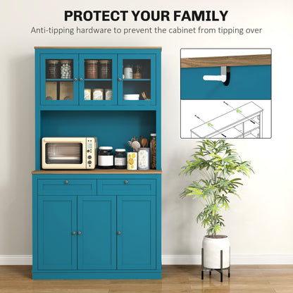 71" Pantry Cabinet with Microwave Space, Buffet with Hutch, 2 Drawers, Adjustable Shelves and Glass Doors, Blue