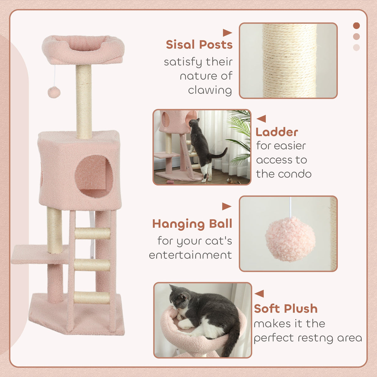 47" Tall Cat Tree Tower with Condo, Ladder, Scratching Posts and Hanging Ball, Light Grey