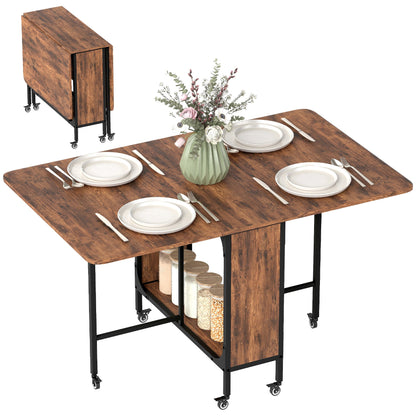 Folding Dining Table, Extendable Kitchen Table for Small Spaces with Storage Shelf and 6 Wheels, Distressed Grey