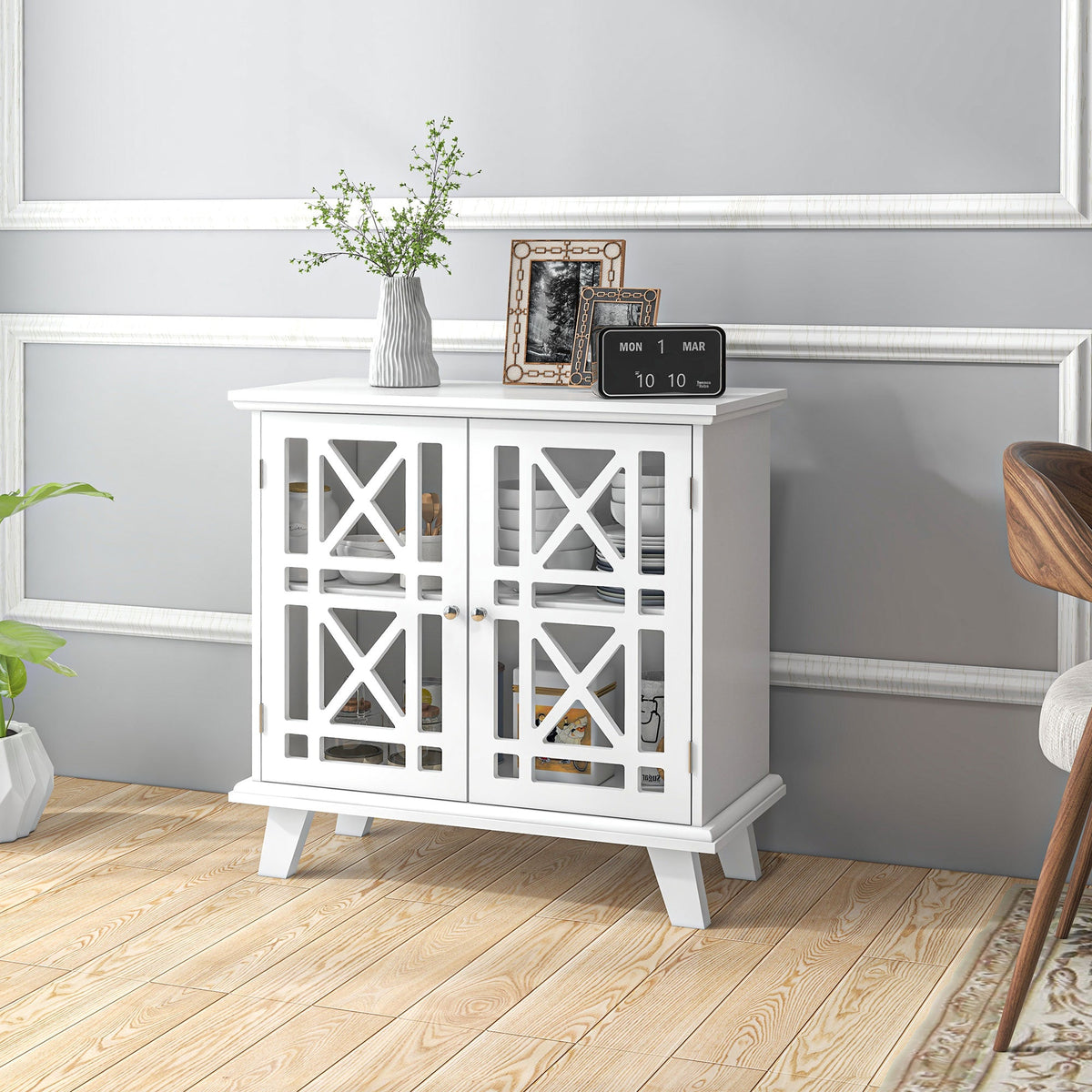 Storage Cabinet with Fretwork Doors and Shelf, Modern Freestanding Sideboard, Buffet, Blue