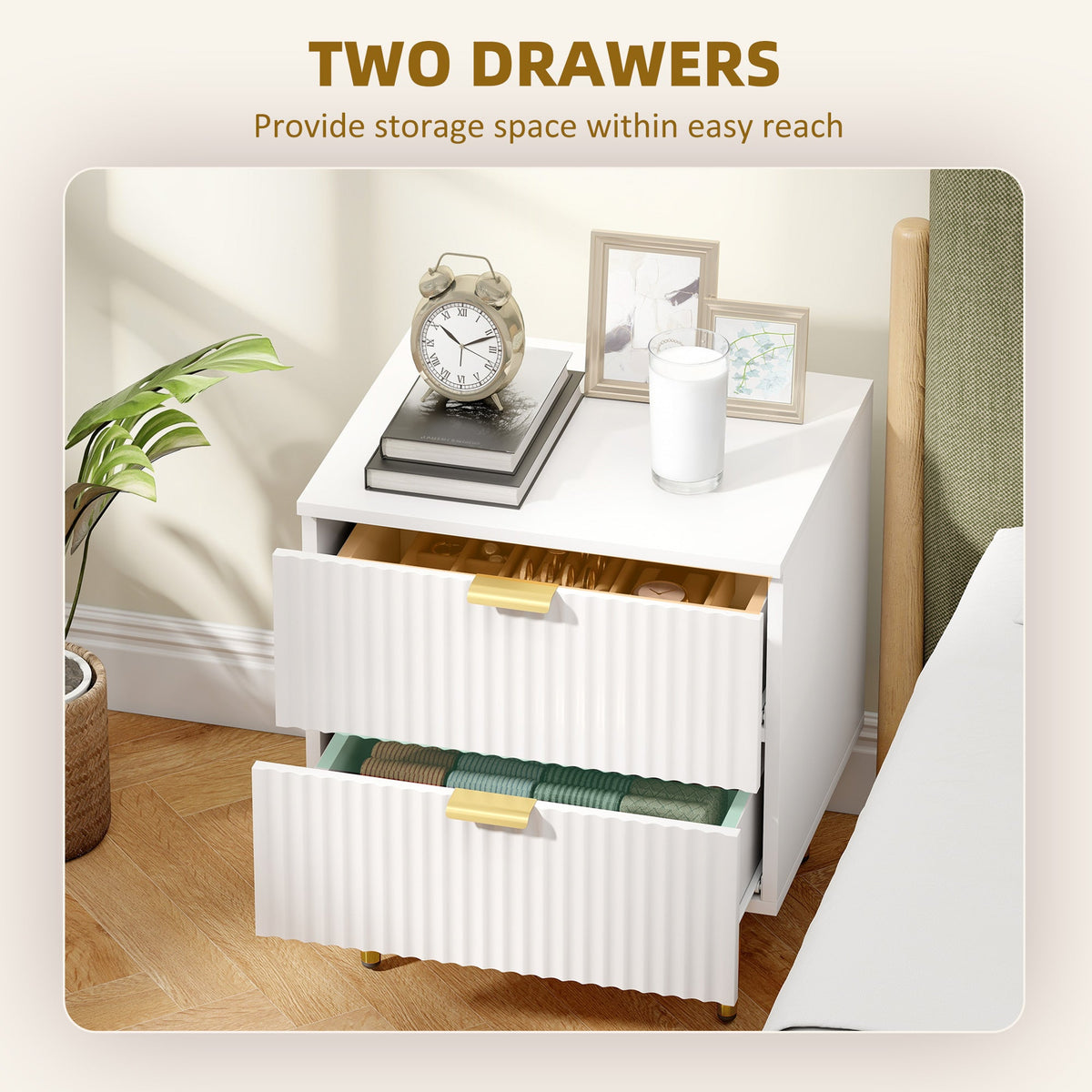 Bedside Table, Modern Nightstand with 2 Drawers, Side End Table with Metal Legs for Living Room, Bedroom, White
