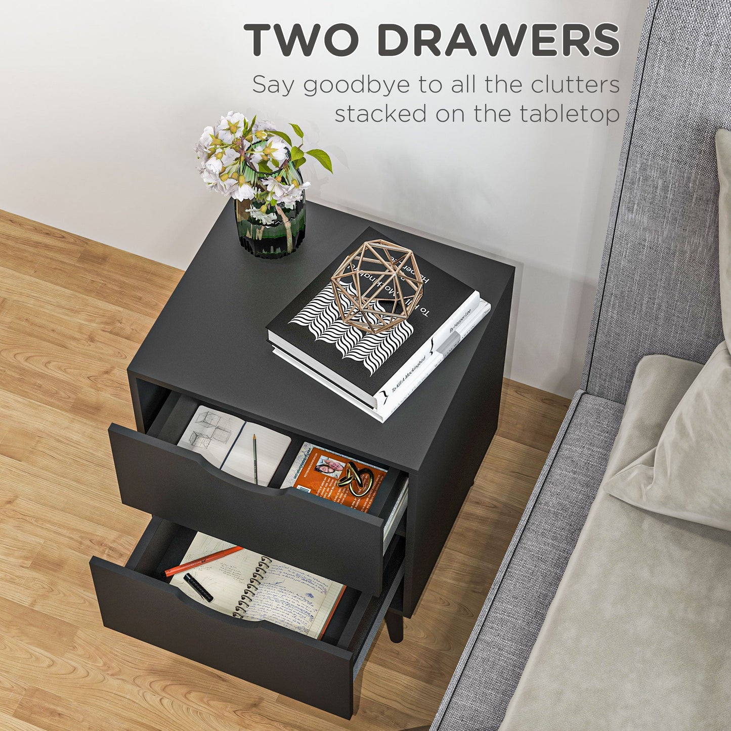 Jesse Nightstand with 2 Drawers and Pine Wood Legs-Black