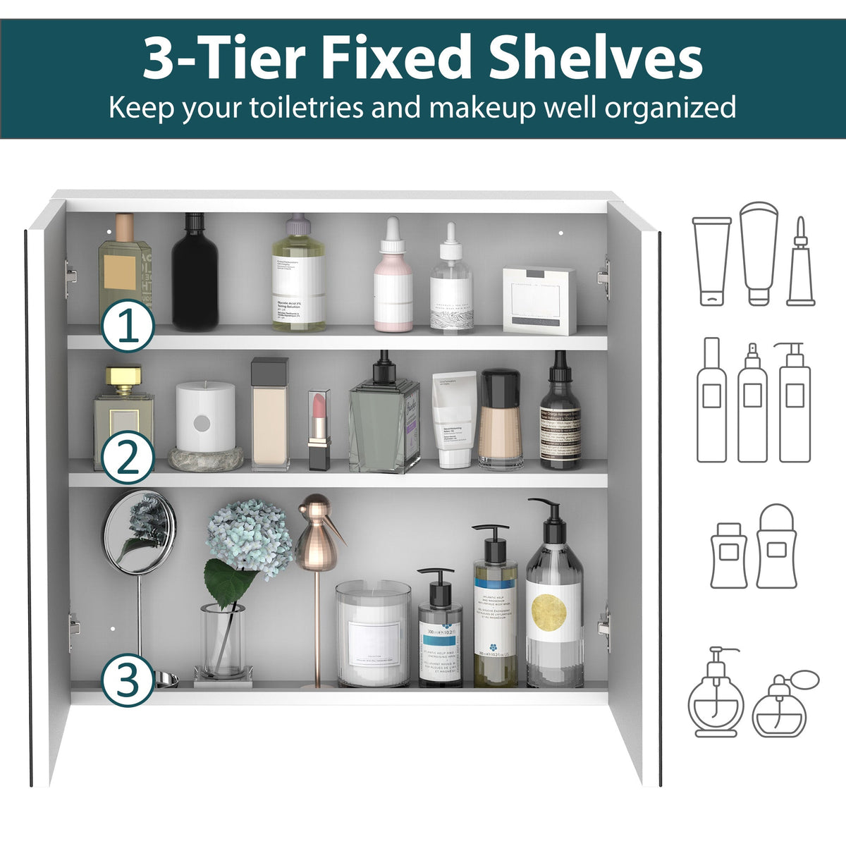 Wall Mounted Mirror Cabinet, Bathroom Medicine Cabinet with Mirror, 2 Doors and 3-tier Shelving, Silver
