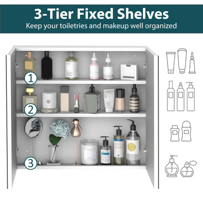 Wall Mounted Mirror Cabinet, Bathroom Medicine Cabinet with Mirror, 2 Doors and 3-tier Shelving, Silver