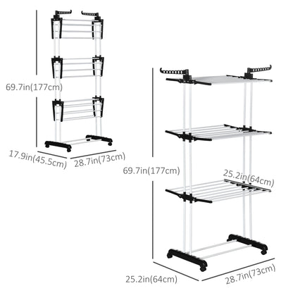 Foldable Clothes Drying Rack, 4-Tier Steel Laundry Rack for Drying Clothes with 2 Side Wings and 4 Castors, Indoor and Outdoor Use, Black