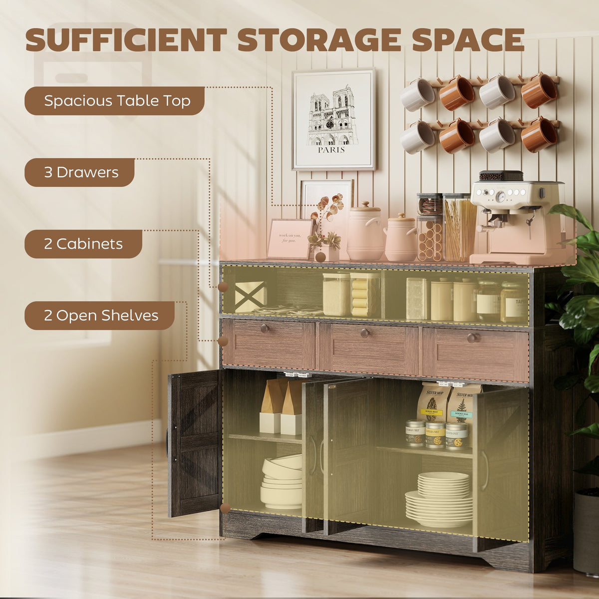 Sideboard, Buffet Cabinet with 4 Barn Doors and 3 Drawers, Coffee Bar Cabinet with Adjustable Shelves, Black