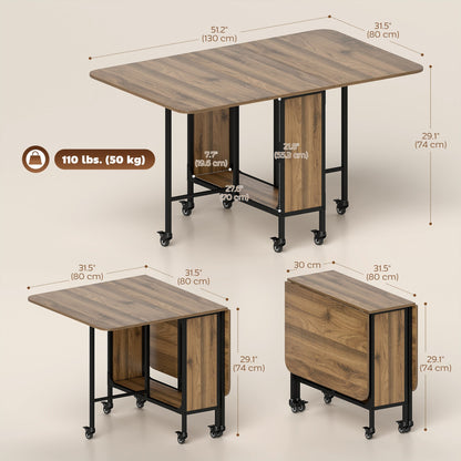 Folding Dining Table, Extendable Kitchen Table for Small Spaces with Storage Shelf and 6 Wheels, Distressed Grey
