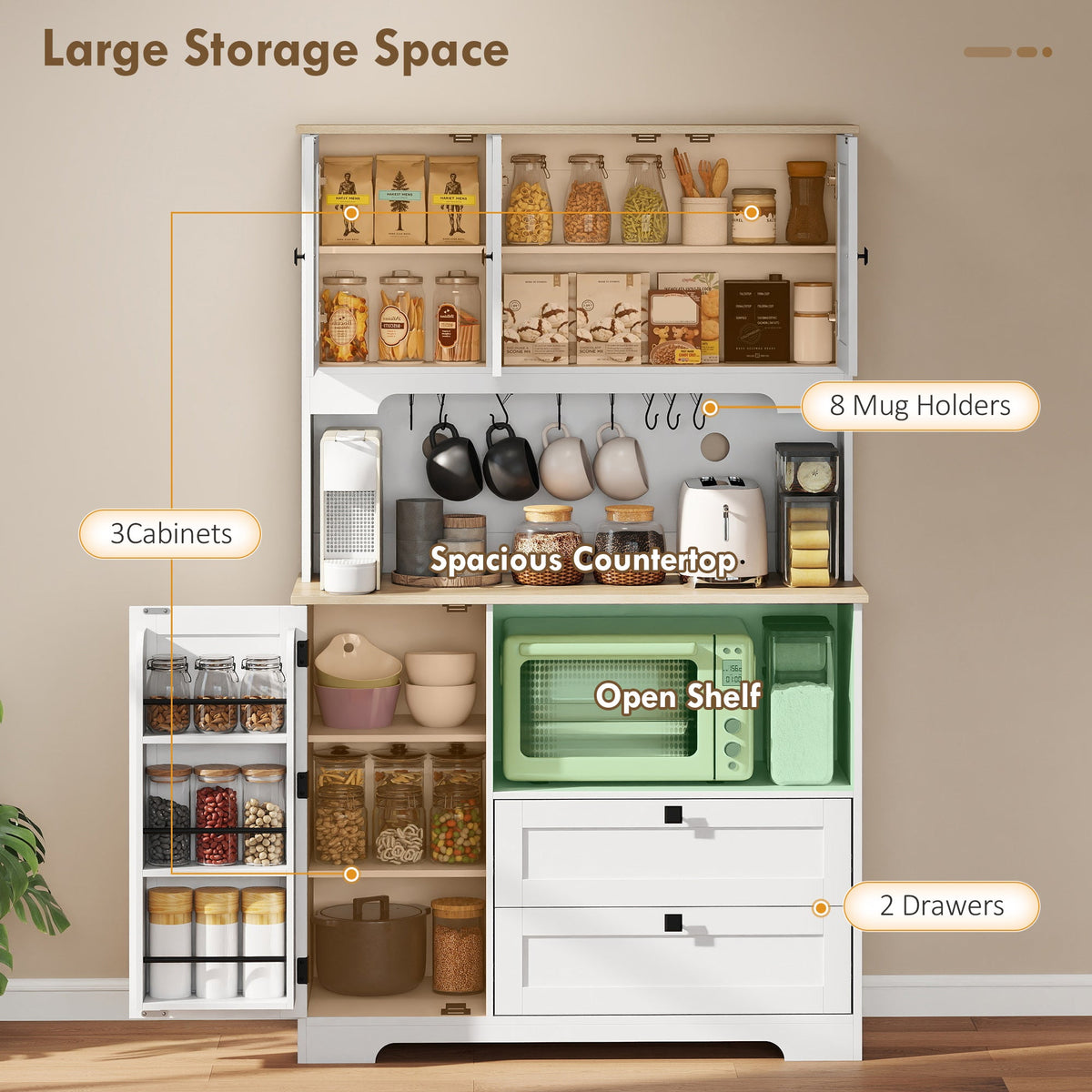 Kitchen Pantry Cabinet, 64" Tall Kitchen Hutch with 3 Cabinets, 2 Drawers, Adjustable Shelves, Microwave Stand, Black