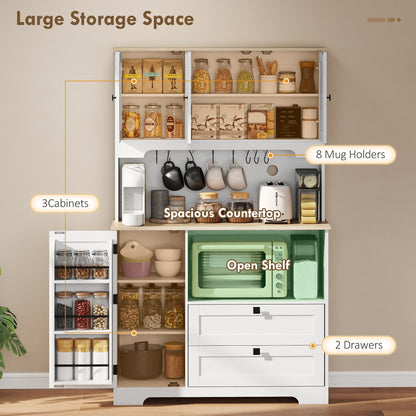 Kitchen Pantry Cabinet, 64" Tall Kitchen Hutch with 3 Cabinets, 2 Drawers, Adjustable Shelves, Microwave Stand, Black