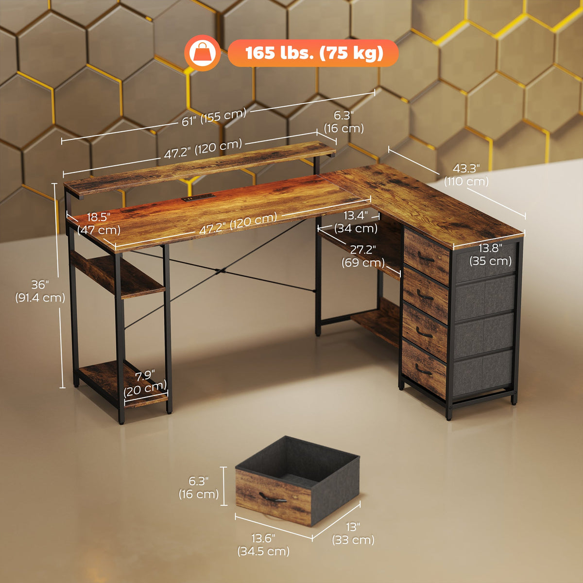 Gaming Desk with Power Outlets LED Lights Computer Desk with Drawers Monitor Stand 61" Black