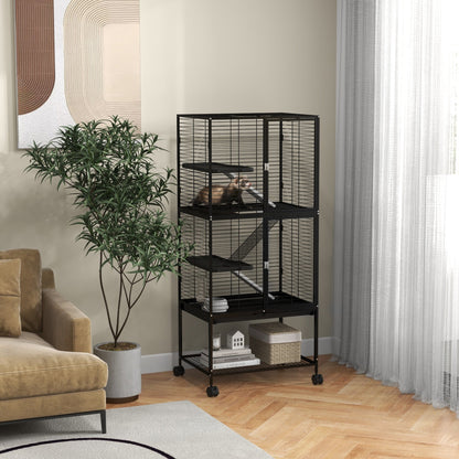 Rolling Small Animal Cage 34"H Chinchilla Cage for Ferrets, Squirrels w/ Removable Tray, Storage Shelf, Black