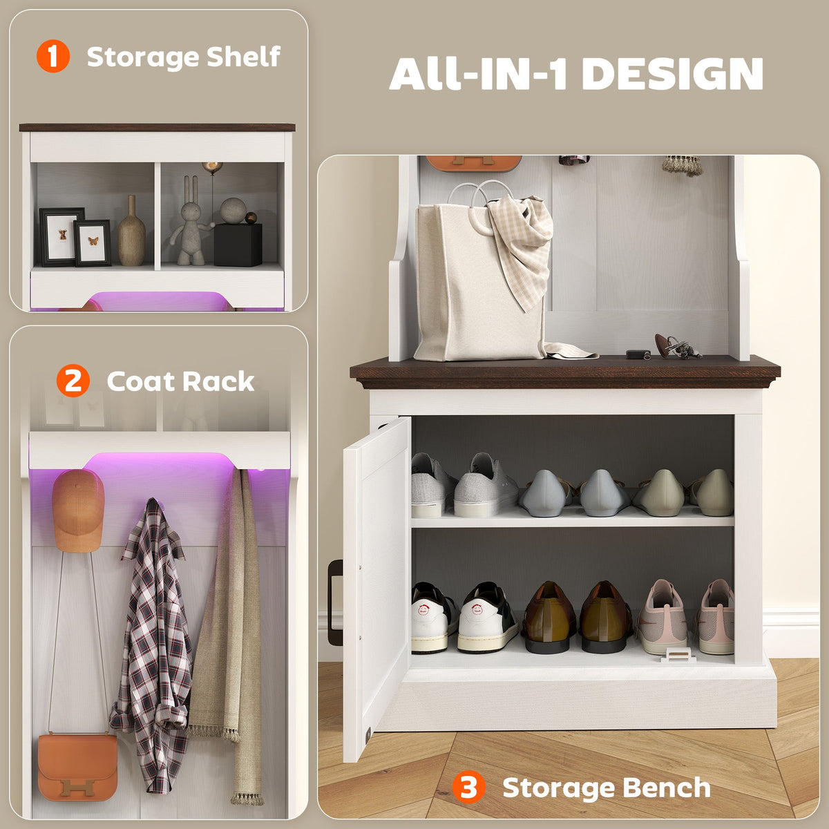 3-in-1 Hall Tree with Bench, Coat Rack with Shoe Storage, Distressed Black