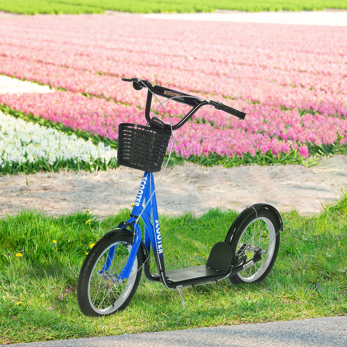 Kick Scooter with Adjustable Handlebar, Kids Scooter with 2 Brakes Basket Cupholder 16" Inflatable Rubber Tyres Orange