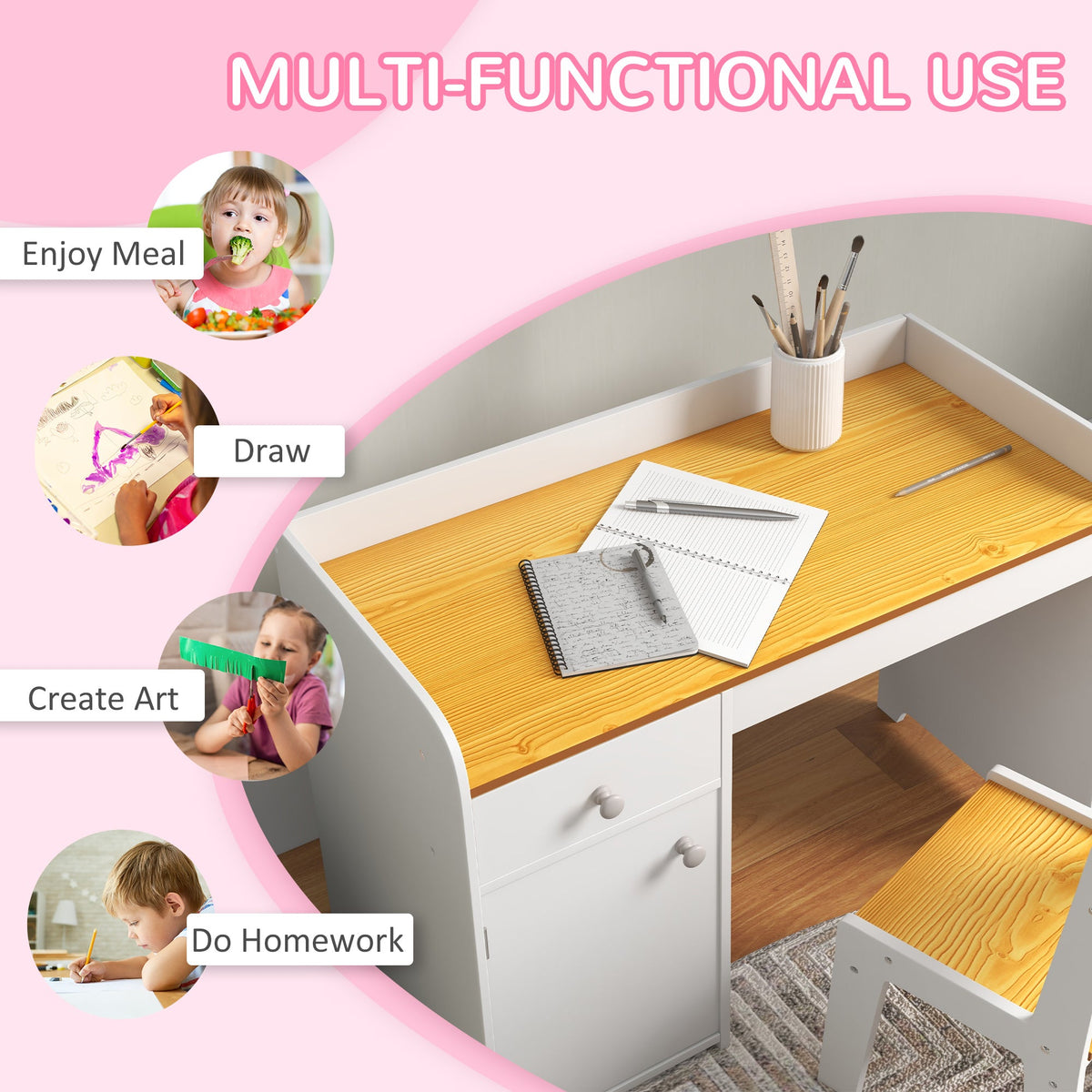 Kids Desk and Chair Set for 3-6 Year Old with Storage Drawer, Study Table and Chair for Children, White