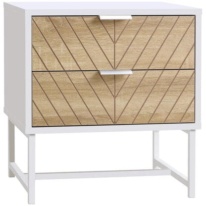 Emery Modern Bedside Table with 2 Drawers and Steel Legs-White/Oak