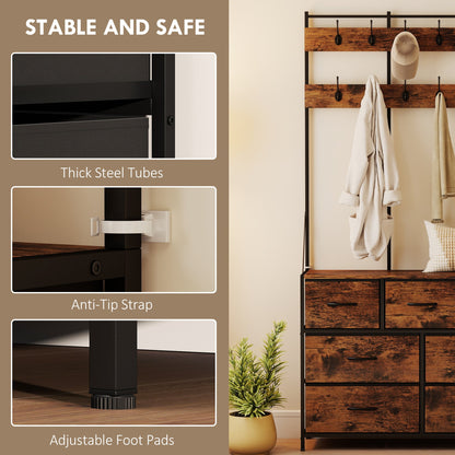 4-In-1 Coat Rack with 7 Drawer Fabric Dresser, Hall Tree with 14 Hooks for Hallway, Entryway, Bedroom, Rustic Brown