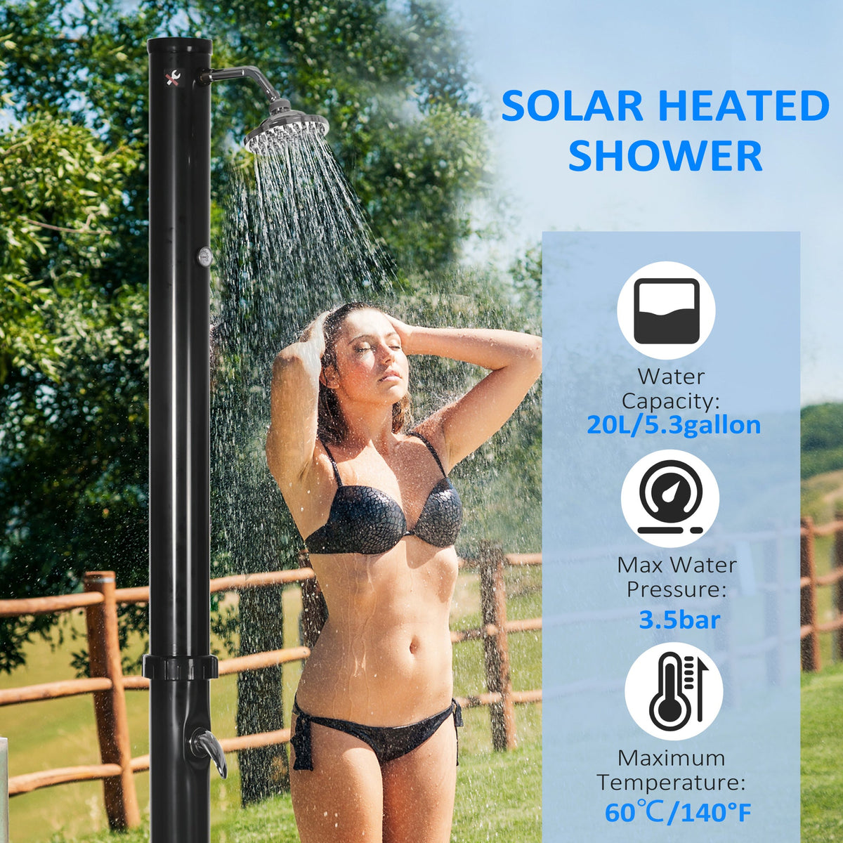 7.3FT 5.3 Gallon Solar Heated Shower, 2-Section Outdoor Shower with Shower Head, Foot Shower, Temperature Display for Backyard, Poolside, Spa, Beach, Black