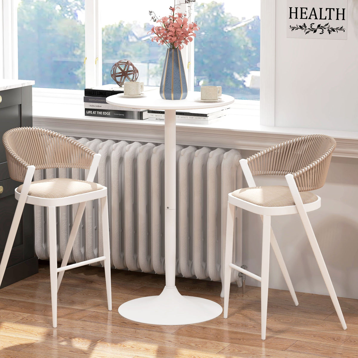 High Top Bar Table, Modern Round Dining Table with Painted Top and Steel Base, Bistro Table for 2 People, Black