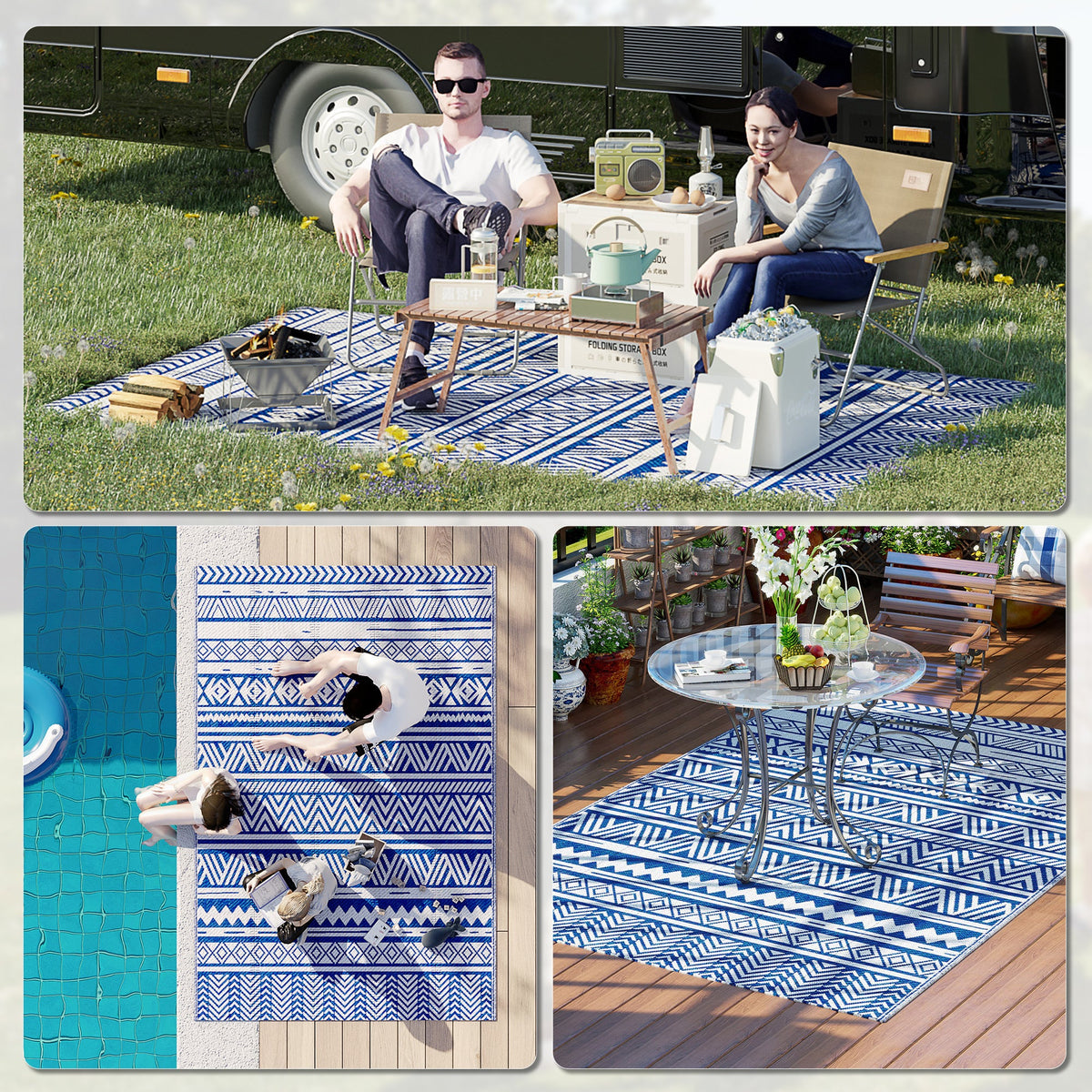 Reversible Outdoor Rug, Patio Floor Mat, 6'x9' Plastic Straw Rug for Backyard Deck, Beach, Camping, Dark Blue and White