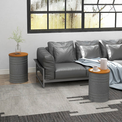 Round Side Table Set of 2, Nesting Coffee Tables w/ Wooden Lid, Metal Frame and Hidden Storage Space for Bedroom, Black