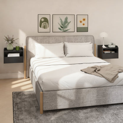 Wall Mounted Bedside Table, Set of 2 Floating Nightstand with Charging Station, Drawer and Open Shelf for Bedroom, Black
