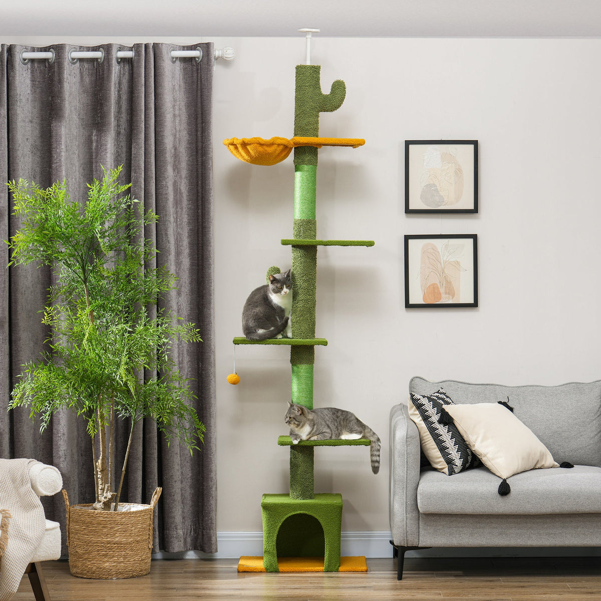 Floor to Ceiling Cat TreeTower with 90.5"-108" Adjustable Height, Scratching Posts, Hammock, Condo, Toy Ball, Dark Grey