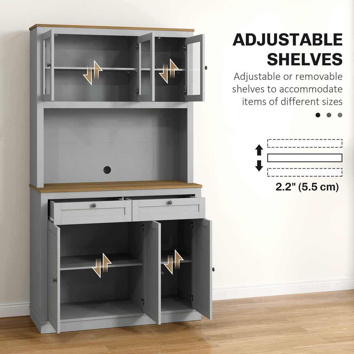 71" Pantry Cabinet with Microwave Space, Buffet with Hutch, 2 Drawers, Adjustable Shelves and Glass Doors, Blue