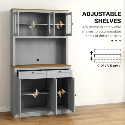 71" Pantry Cabinet with Microwave Space, Buffet with Hutch, 2 Drawers, Adjustable Shelves and Glass Doors, Blue