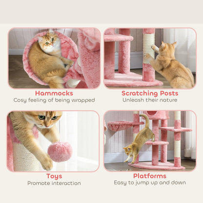 62" Cat Tree with Scratching Post, 2 Condos, Hammock, Perches, Plush, Pompoms, for Indoor Cats, Beige