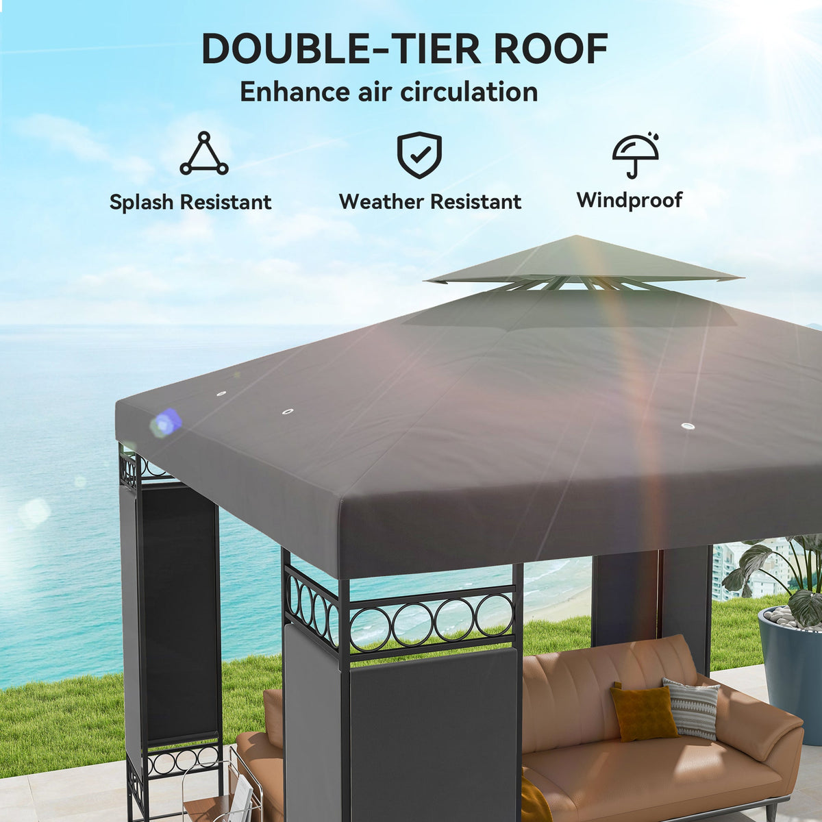 10 x 10 FT Canopy Gazebo, Double Roof Patio Gazebo with Screen Panels and Metal Frame for Deck, Backyard, Khaki