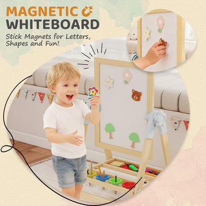 Wooden Art Easel, Double Sided Kids Easel with Height Adjustable Chalkboard and Magnetic Whiteboard, Natural