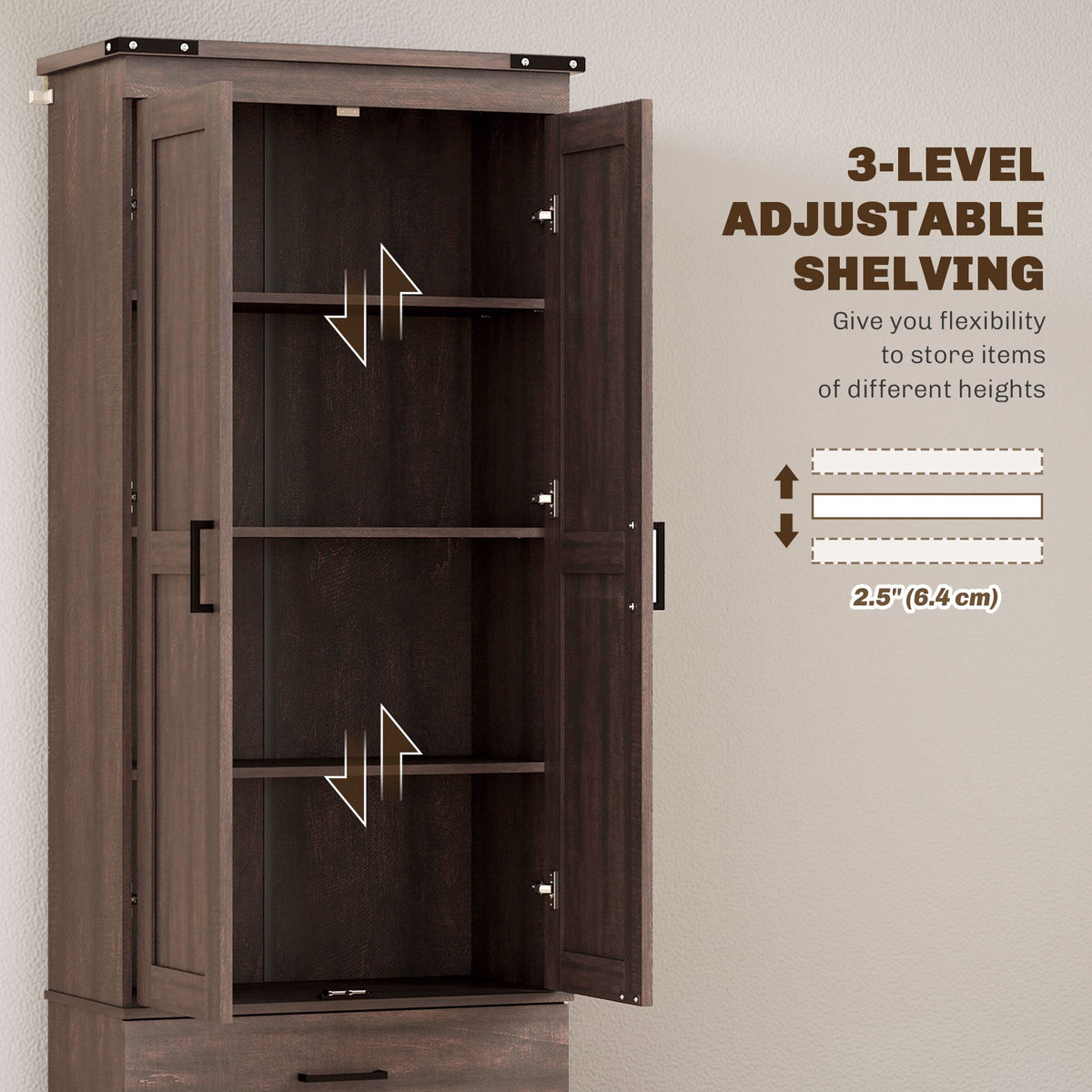 67" Tall Kitchen Pantry Storage Cabinet, Kitchen Pantry Cabinet with Doors, Drawers and Adjustable Shelves, Black