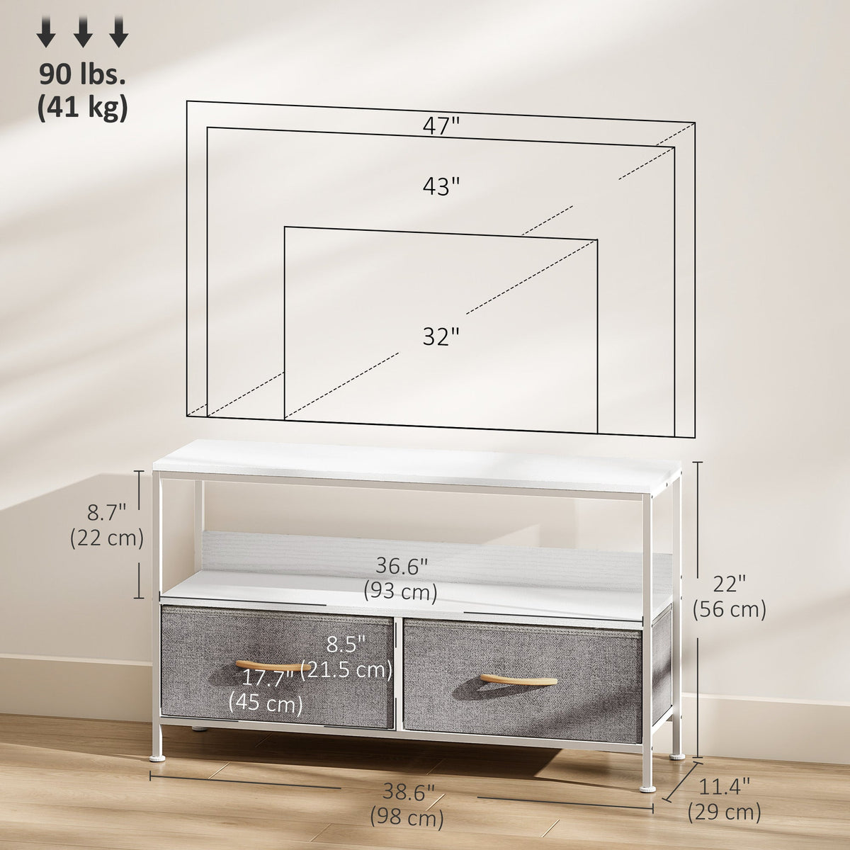 TV Stand with Charging Station, TV Table with 2 Foldable Linen Drawers and Open Shelf for 47 Inch Television, Black