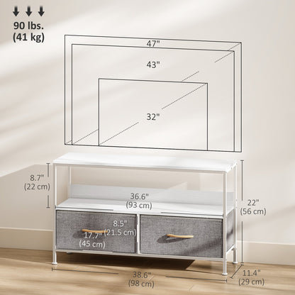TV Stand with Charging Station, TV Table with 2 Foldable Linen Drawers and Open Shelf for 47 Inch Television, Black