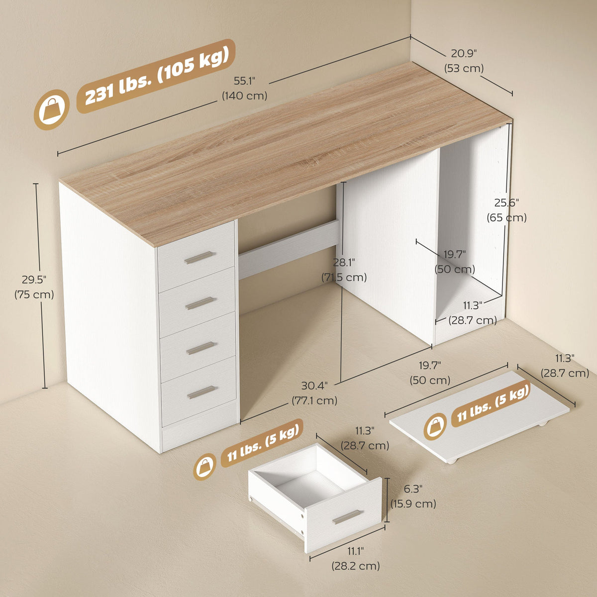 Office Desk, 55" Computer Desk with 4 Reversible Drawers, Mobile PC Stand, Adjustable Shelf, Black Wood Grain