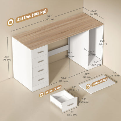 Office Desk, 55" Computer Desk with 4 Reversible Drawers, Mobile PC Stand, Adjustable Shelf, Black Wood Grain