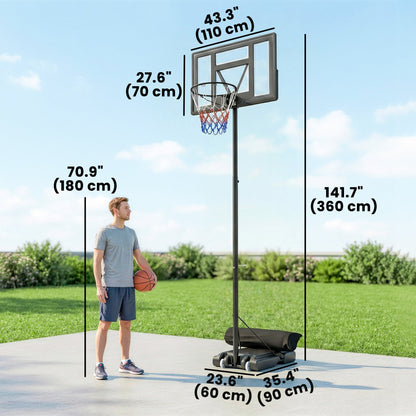 Basketball Hoop Stand Outdoor, 4.4–10 ft Single Hand Rotation Adjustable with Shatterproof Backboard & Weight Bag