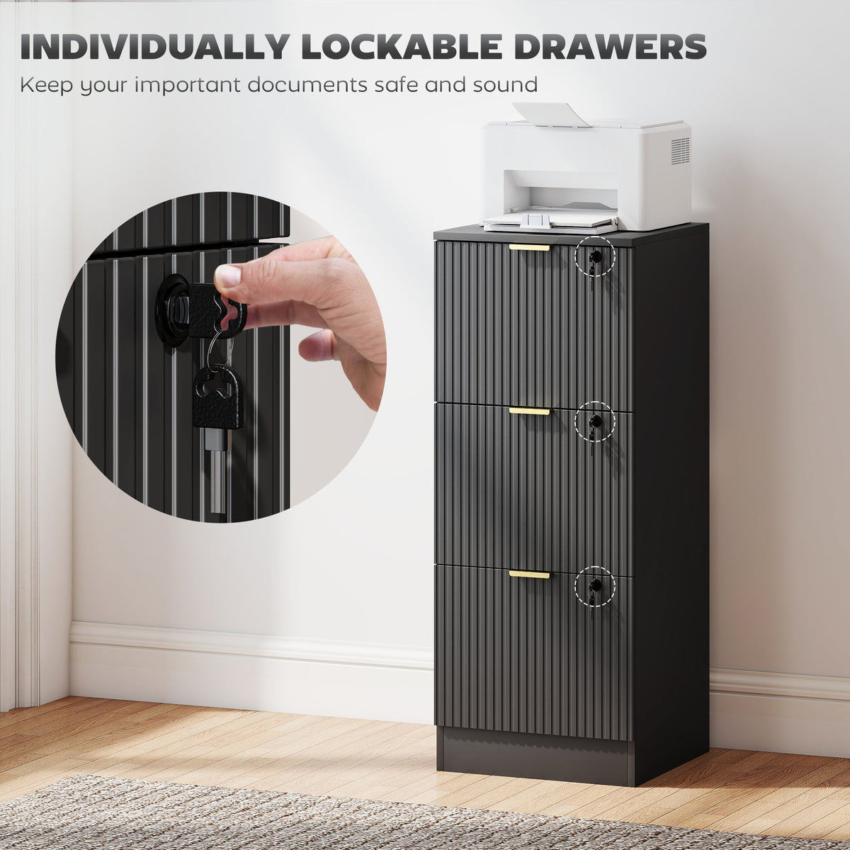 Lockable Filing Cabinet with 2 Fluted Drawers, File Cabinet with Adjustable Hanging Rails for A4 Letter Files, Black