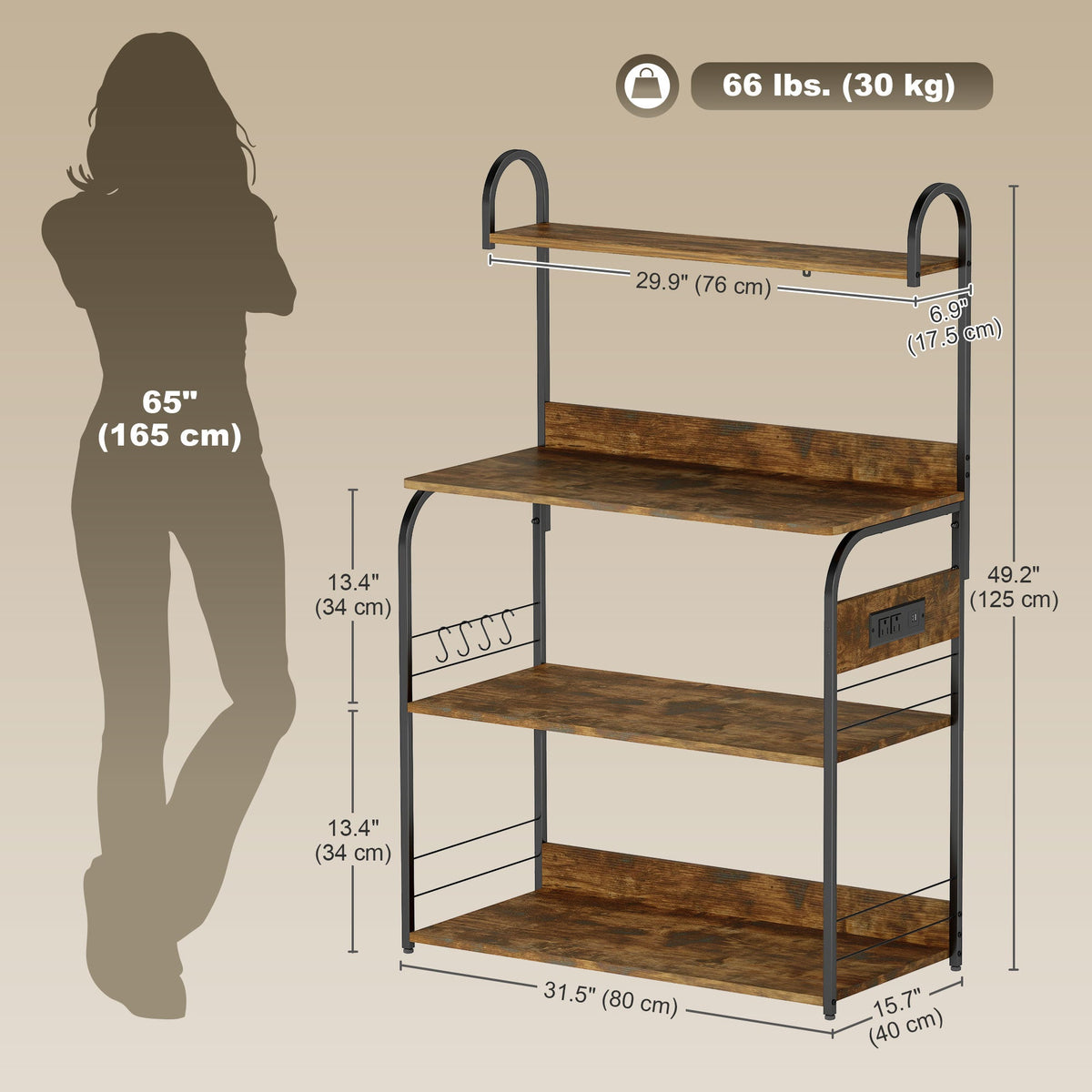 Baker's Rack with Charing Station, Microwave Shelf with Power Outlet, USB Charger and 4 Hooks, Rustic Brown