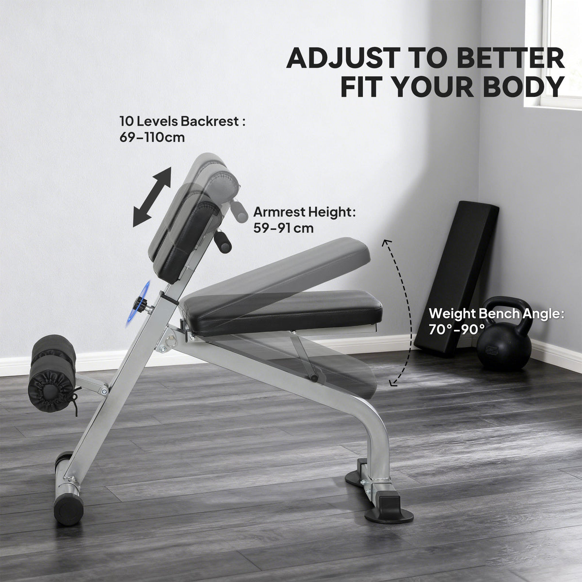 Roman Chair Back Extension Machine, Height Adjustable Hyperextension Bench, 38" x 26.8" x 27.2–43.3", Silver Tone