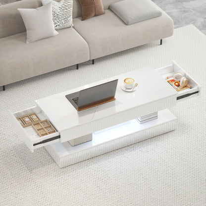 Coffee Table with Adjustable LED Lights, Modern Living Room Table with 2 Drawers, Open Shelf, Remote, High Gloss White
