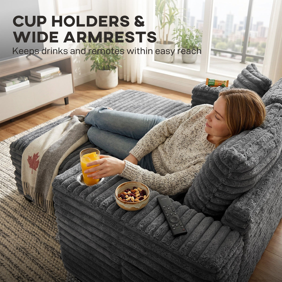 60" Chaise Lounge Chair, Oversized Upholstered Sofa Bed with Cup Holders & Pillows, Sleeper Couch for Living Room, Beige
