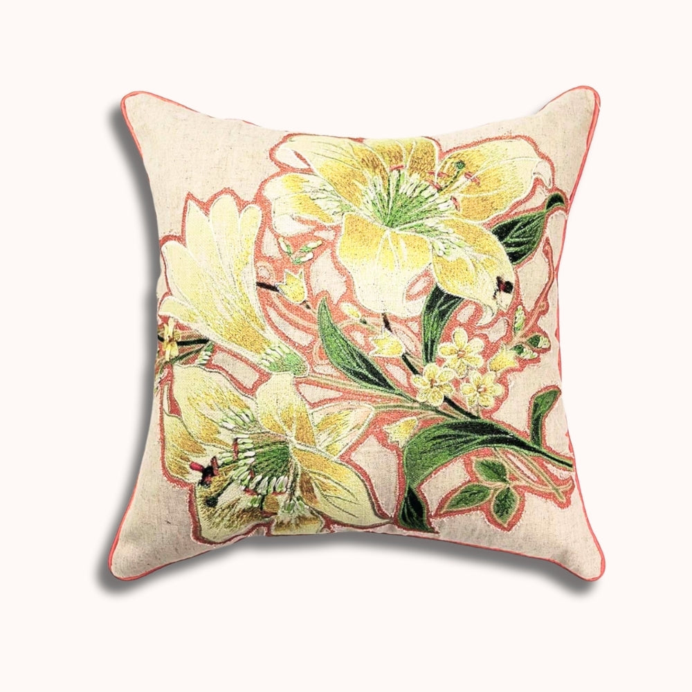 16x16" Embroidered Floral Square Pillow Cover – Cotton Front, Paper Silk Back