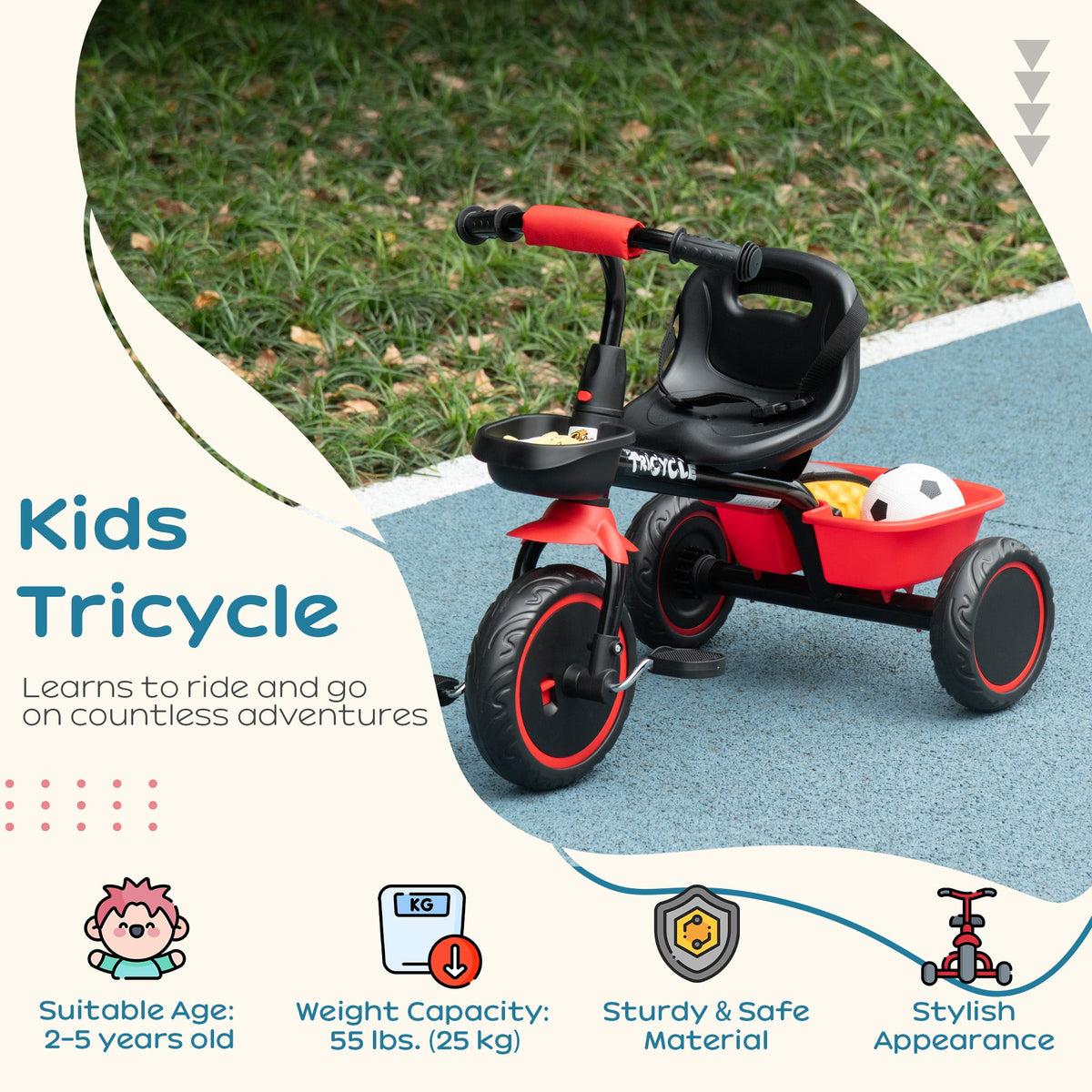 Large Kids Tricycle for Toddler 2-5 Year Old Girls and Boys, Toddler Trike Bike with Adjustable Seat, Safety Belt, Two Storage Baskets, Red