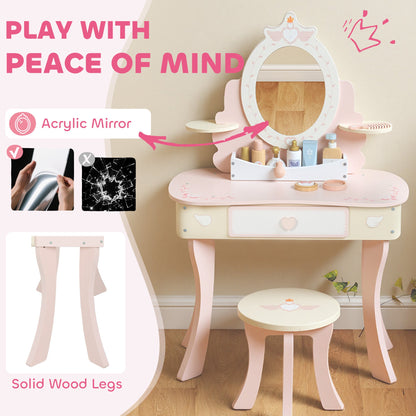 Kids Vanity Set, Girls Dressing Table with Mirror and Stool, 7 Accessories, Drawers, Desktop Storage, Pink
