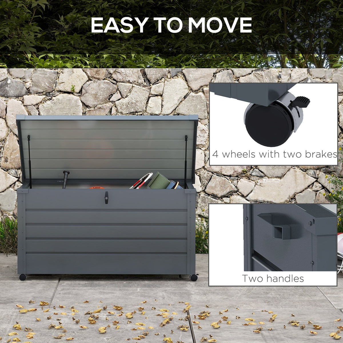 78 Gallon Garden Storage Box, Waterproof Outdoor Storage Container with Wheels and Handles, Dark Grey