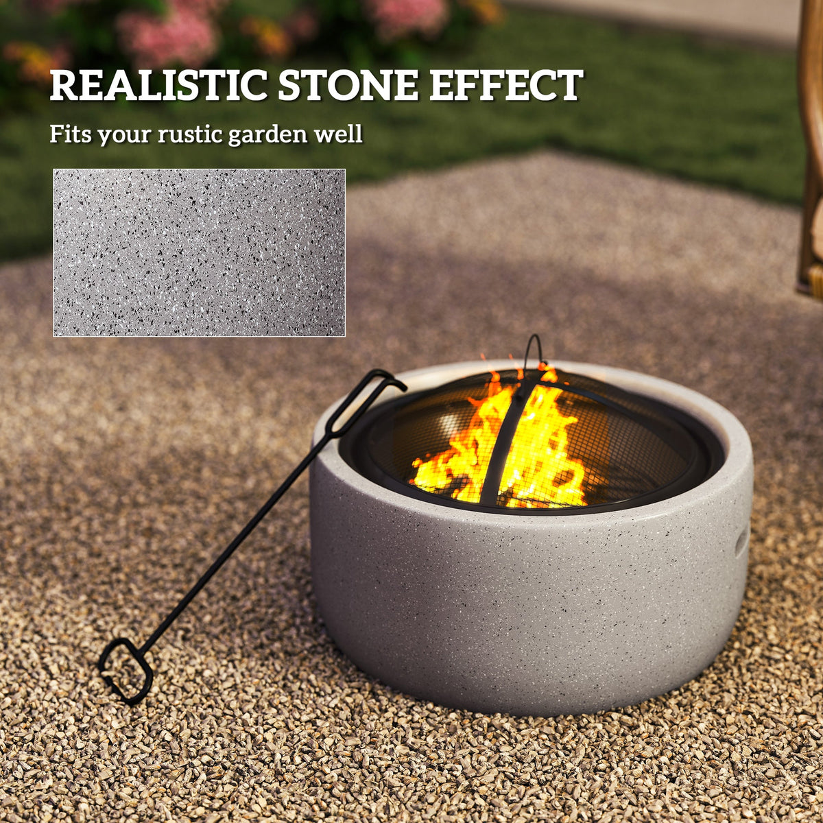 24" Outdoor Fire Pit with Stone Effect, Wood-burning Firepit Fireplace with Spark Screen and Poker for Backyard Camping Bonfire, Gray