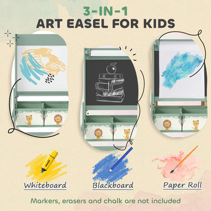 Art Easel for Kids, Double-Sided Whiteboard & Chalkboard with Paper Roll, 2 Storage Boxes, Gift for Boys, Girls, Green